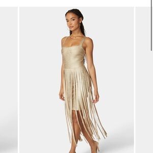 ———ISO ————. bebe Gold High Low Fringe Dress